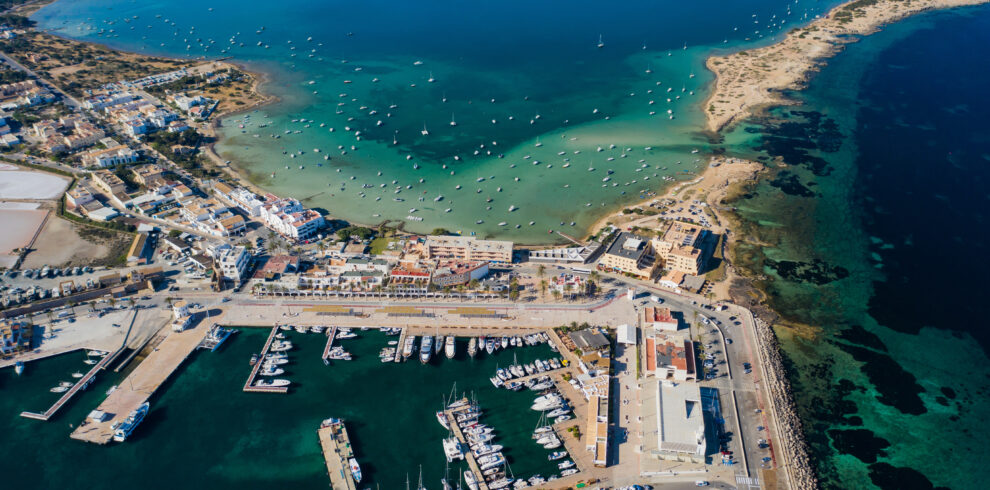 Beautiful turquoise bay at Formentera, aerial view.
